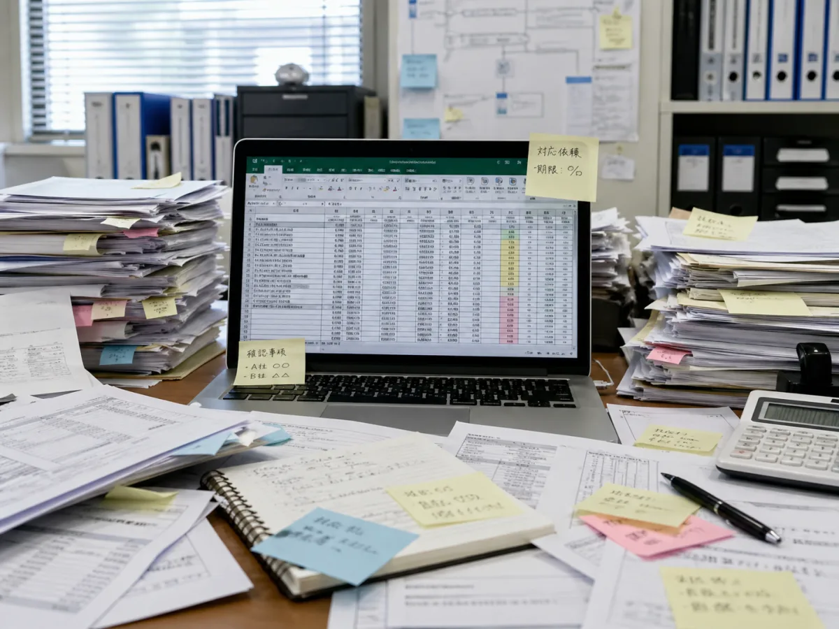 散らかったオフィスデスクとExcel管理の限界